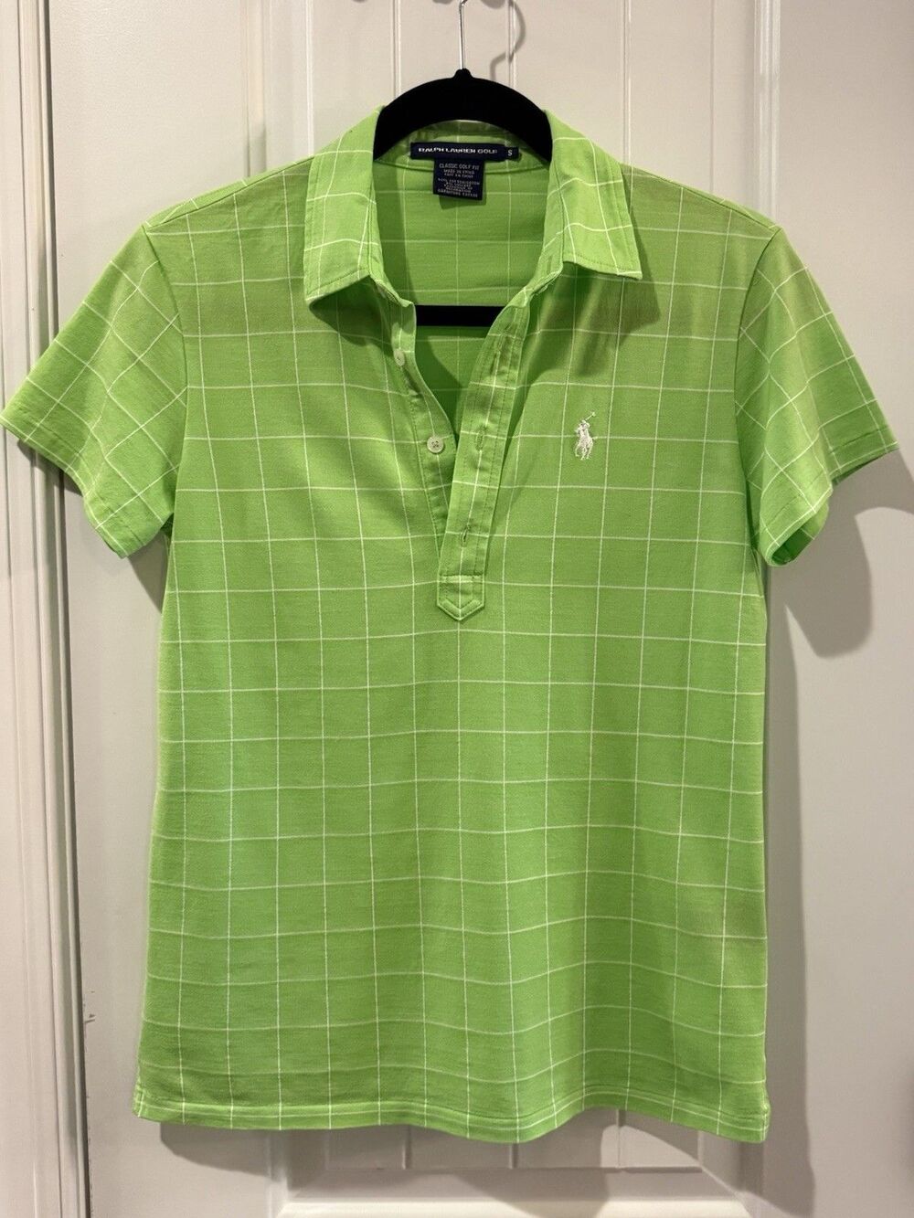 Ralph Lauren Golf Woman' Classic Fit Green White Plaid Polo Shirt S Short Sleeve